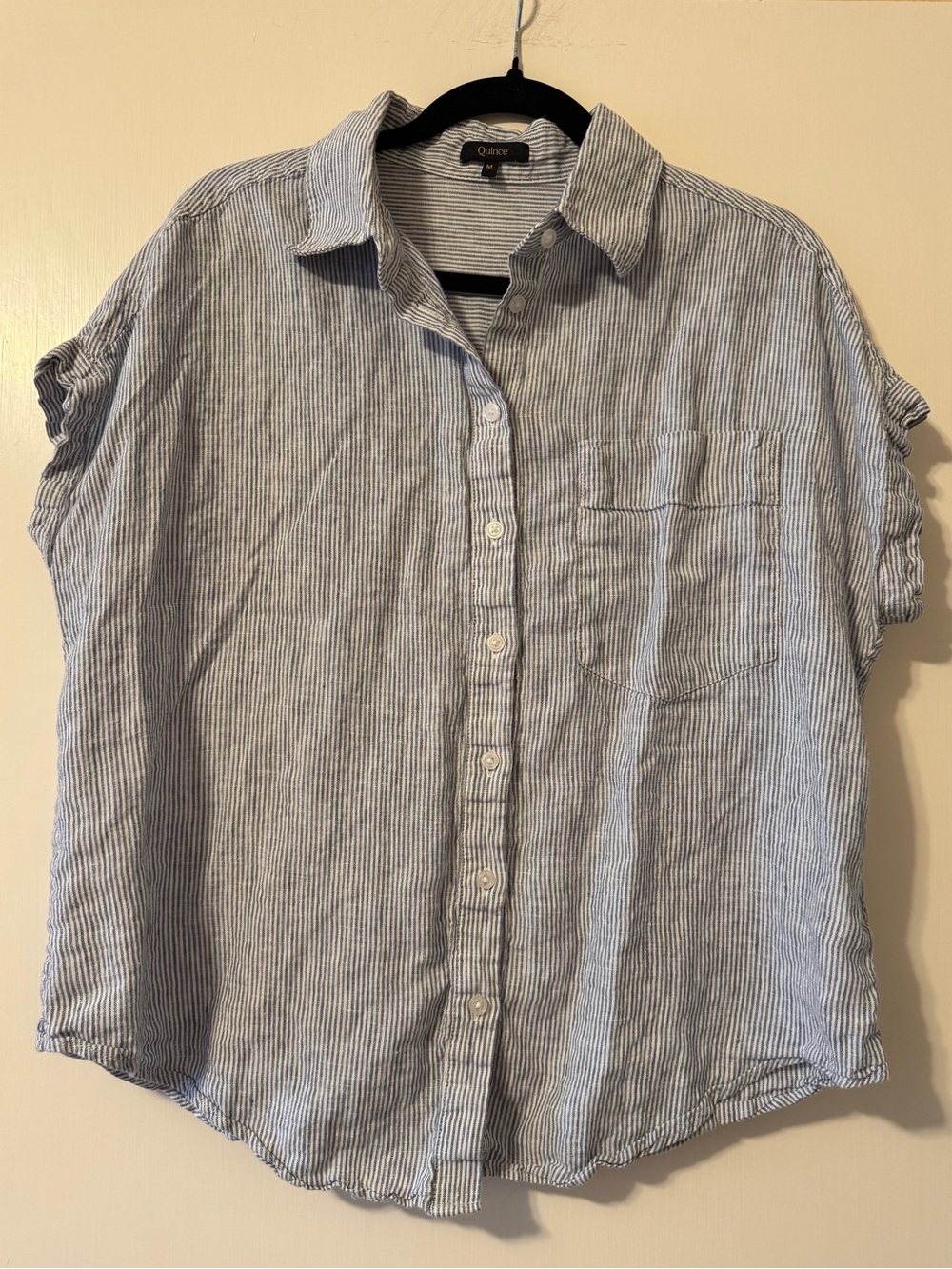 100% European Linen Camp Shirt, Quince, Medium, Pinstripe Blue